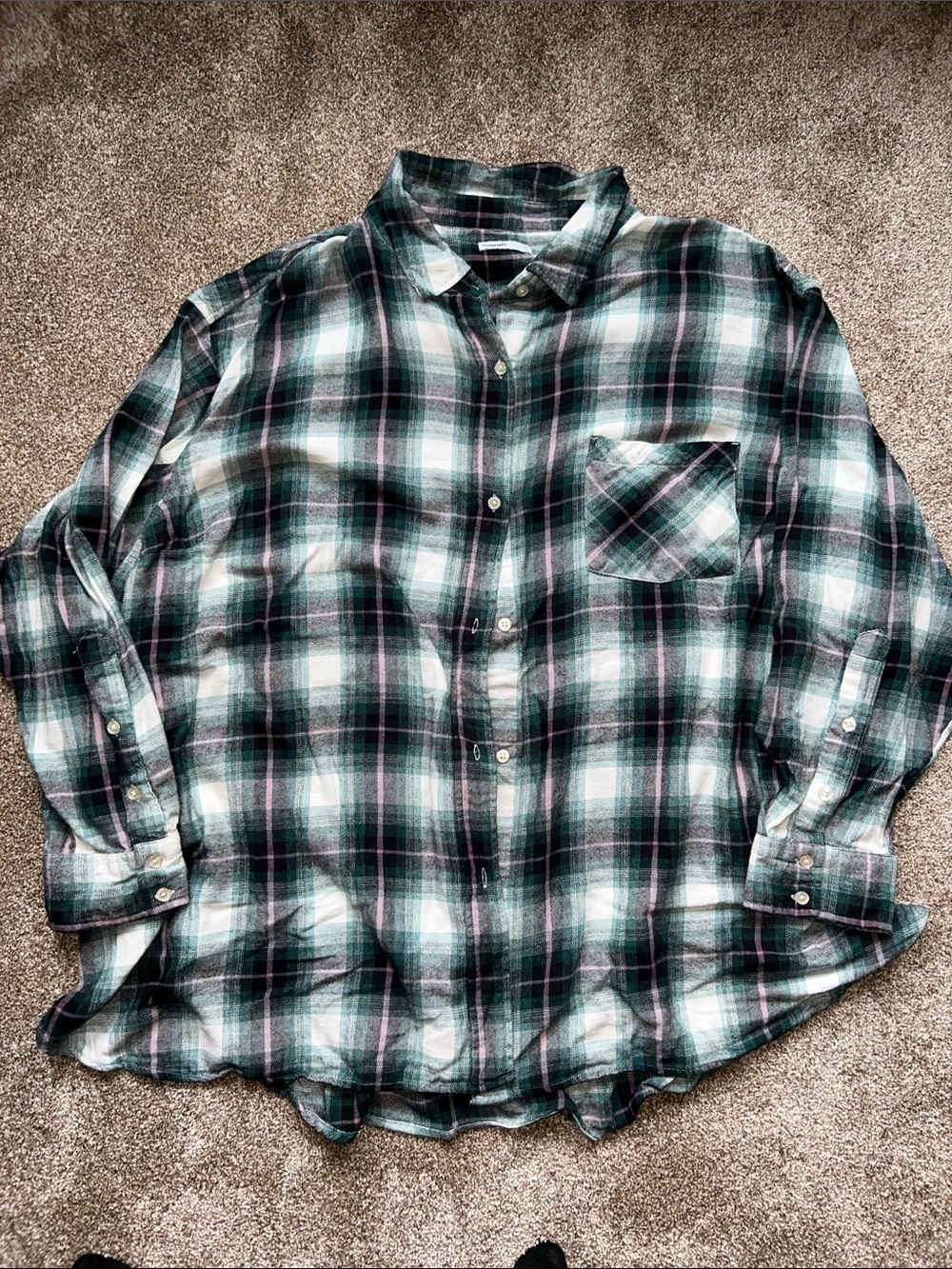 Sonoma Green, Pink & White Plaid Button-Down Shirt